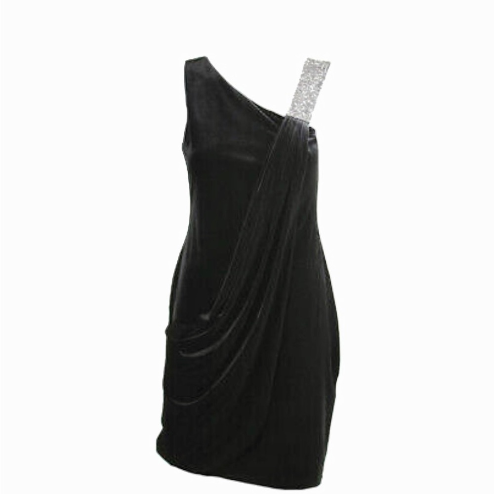 Betsy and Adams women’s draped dress with rhinestone shoulder. Navy blue